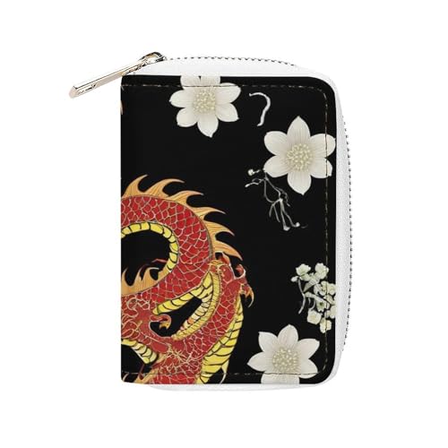Women's Portable Card Holder Wallet, Pu Leather Credit Card Organizer Bag with 20 Slots Floral Chinese Japanese Dragon Flower Zipper Slim Coin Purse