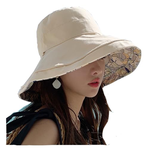 HEVIBK Sombrero de Pescador de Doble Cara,Sombrero de Sol para Mujer,Gorro de Pescador, de algodón, Plegable, de Doble Cara, Reversible, para Playa, Barbilla (FR/ES, Letras, Talla única, Beige)