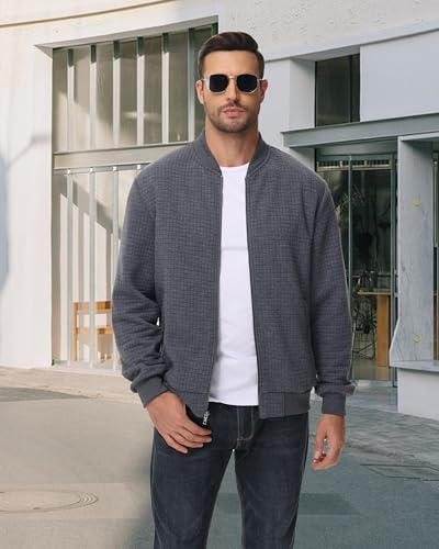 Image of YuKaiChen Mens Lightweight Bomber Jacket Casual Plaid Jacquard Varsity Jacket Coat with Zipper Pockets