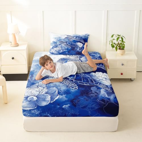 Image of jejeloiu Sea Turtle Bed Sheets Set Full Size Blue Flowers Deep Pocket Fitted Sheet Ocean Bedding Sets Reptile Tortoise Soft Bed Set 4Pcs with 2 Pillow Cases