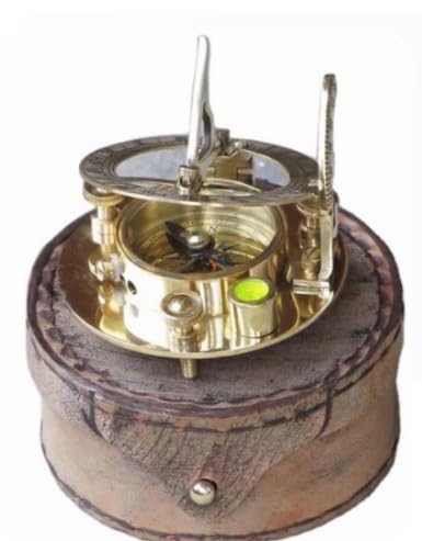 Brújula vintage de latón con reloj de sol y estuche de cuero Instrumento náutico clásico de navegación miniatura 3