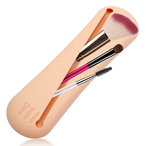 Silicon Trendy and Portable Cosmetic Face Brushes Holder Portable Makeup Brush Holder Makeup Brush Organizer Travel Case for Travel-Khaki
