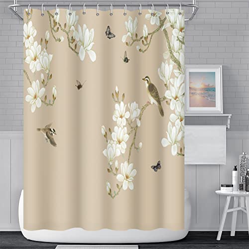 Umpoo Flower Bird Bathroom Shower Curtain White Magnolia Retro Asian Oriental Antique Shower Curtain Polyester Waterproof Fabric Artistic Elegant Home Decor Shower Curtain With Hooks, 72X72 Inch #TOP1