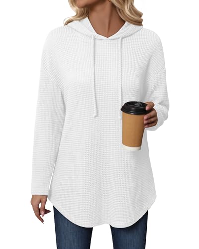 Oakgarden Oversized Hoodies for Women Waffle Knit Casual Long Sleeve Drawstring Pullover Sweatshirt Loose Fit Hooded Tops(White,Medium)