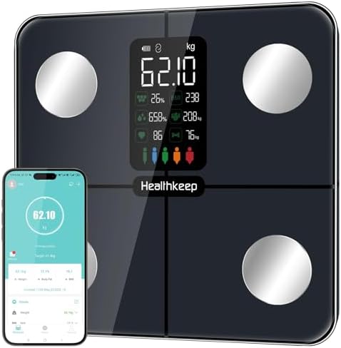 Healthkeep Smart Body Fat Scale with Large VA Display 15 Body Composition Metrics with Heart Rate Body Fat Smart Digital Bathroom Weighing Scale Compatible with iOS Android, Max 400lbs/180kg, 28cm