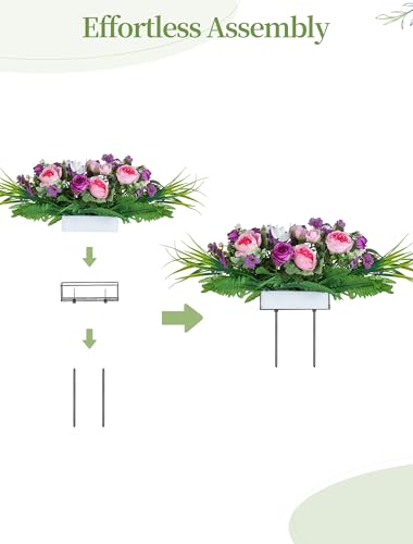 Artificial Cemetery Flowers with Stake: 1Pc Purple Roses Pink Peonies Realistic Memorial Day Grave Flowers for Cemetery - Outdoor Grave Decorations Funeral Arrangements image 3