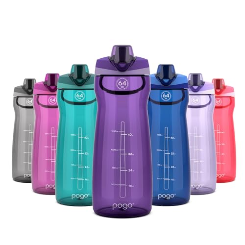 Image of Pogo 64oz Plastic Water Bottle with Leak-Proof Chug Lid and Carry Handle, Reusable, BPA Free, Capacity Markings, Dishwasher Safe, Perfect for Travel, School, Outdoors, and Gym, Purple
