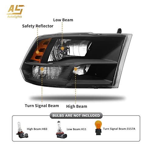 As Headlight Assembly Compatible With 2009-2018 Dodge Ram 1500 2500 3500 Black Housing Amber Reflector Driver And Passenger Side #TOP2