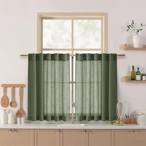 Image of Olive Green Linen Short Curtains W34xL40 Inch Long for Kitchen