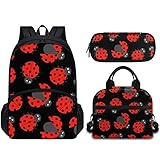 Forchrinse Mochila Ladybug de 3 peças para meninas, crianças, ensino fundamental, médio, mochila, bolsa de livros com lancheira, bolsa de lápis