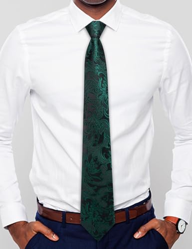 Image of Hi-Tie Dark Green Ties For Men Pretied Silk Adjustable Floral Zipper Necktie Pocket Square Cufflinks Lapel Pin 4pcs Wedding Party Prom