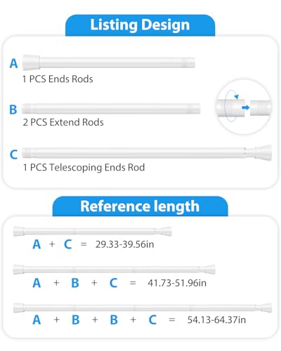 Image of Spring Tension Curtain Rod 30 to 64 Inch, Adjustable Curtain Rods No Drilling Spring Loaded Curtain Rods for Windows Doors Kitchen Closet, White