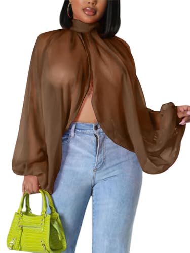 Sexy Tops for Women Batwing Sleeve Chiffon Sheer Self Tie