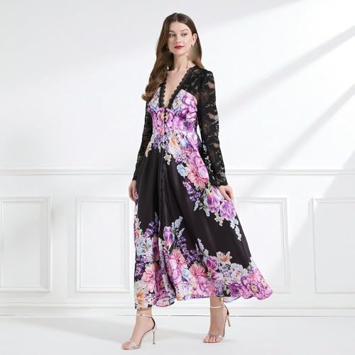 Robe longue cintrée galbante à imprimé patchwork printanier - 4