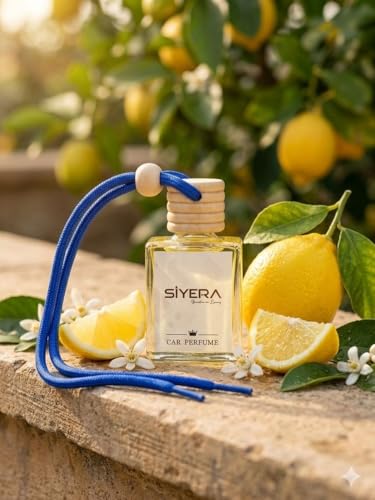 Image of SiYERA Hanging Car Perfume with Essential Oils | Car Air Freshener 10ml | Long-Lasting Aroma in Glass Bottle with Wooden Diffuser Lid (Lemon)