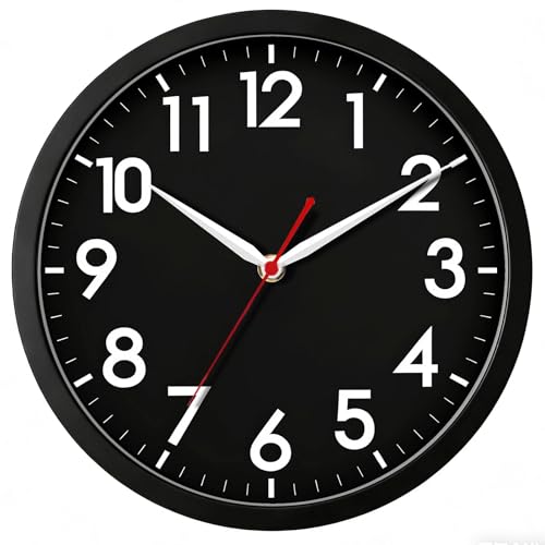 AKCISOT Wall ClockModern Black Silent Non Ticking Wall Clocks Battery Operated 10 Inch,Small Analog Classic Clock Decorative for Bedroom, Kitchen, Home Office, Bathroom, School, Living Room