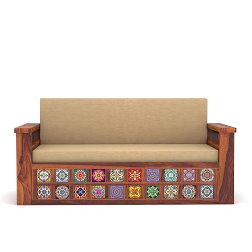 Image of Solid Sheesham Wood Sofa Cums Bed with Cushioned Seating & Handcrafted Tile Storage Front | Rosewood Convertible Sofa Bed for Living Room & Bedroom (Honey)
