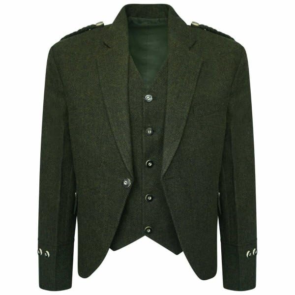 Scottish Men's Olive Green Tweed kilt jacket With 5 Button Vest