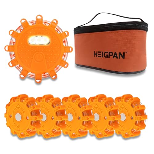 HEIGPAN GP906 LED Road Flares Safety Flashing Warning Lights Kit, Magnetic Base & Hook 9 Flash Modes, for Emergency Roadside Safety Warning 6 Pack (Batteries not Included) Orange