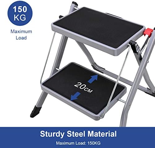 Heilmetz Folding Steps Stepladders Portable Folding Step Stool Safety Ladder with 2 Non-Slip Rungs Holds up to 150 kg, Grey
