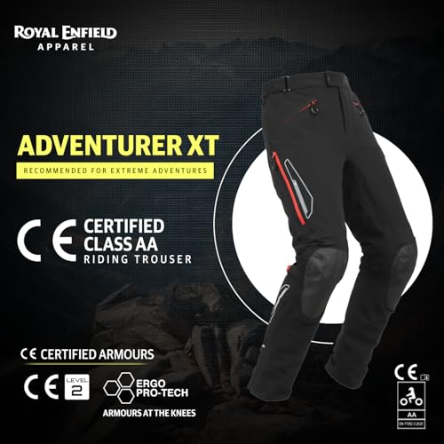 Image of Royal Enfield ADVENTURER XT RIDING TROUSER| CE level 2 armor at knee & hip | High abrasion resistance 610 D cordura fabric | Superfabric at Knees | Waistband adjusters | BLACK 36 inch