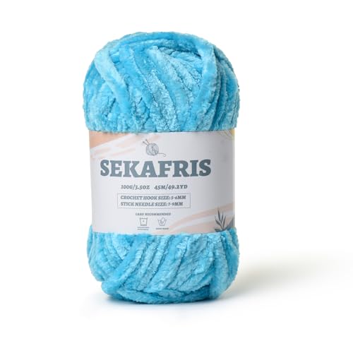Image of Fuzzy Chunky Chenille Yarn for Crocheting,Soft Plush Yarns for Hand Knitting,Bulky 100 g(49.2 yd) Baby Blanket Yarn for Crocheting Amigurumi,Crochet Fluffy Velvet Yarns (Lake Blue)