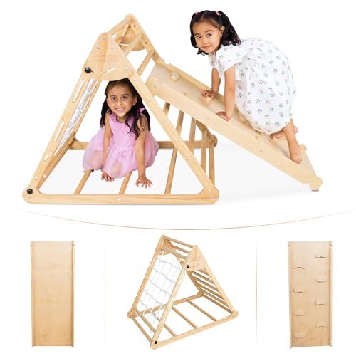 WEDANTA Foldable Climbing Toys Toddlers 4 in 1 - Pikler Triangle Climber Ramp Arch - Wooden Toddler Set 3 in 1 - Montessori Set - Pickler 3 Piece Gym for Kid