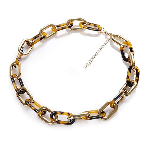 HUNO Bohemian Tortoise shell Acrylic Resin Chain Link Leopard Print Pendant Necklace Metal Punk Chunky Statement Collar Necklace