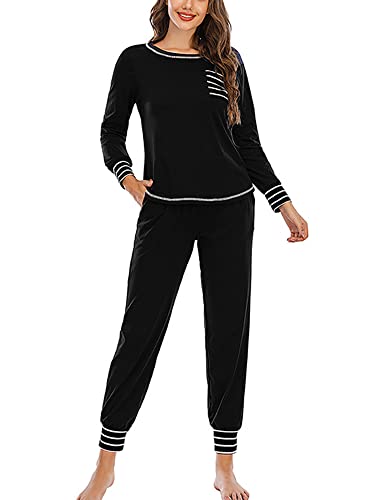 Girlpal Pyjama Femmes Coton à Manches Longue Pyjama Femme Ensemble Boutonné Rayé Doux Confortable Pyjamas et Pantalon 2 Pièces Le Noir M Cover