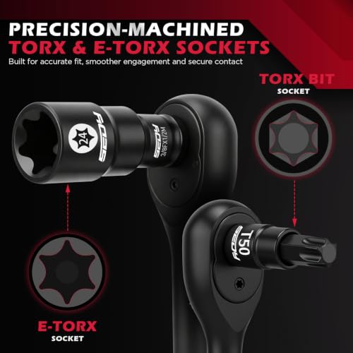 Image of 54-Piece Master Torx Bit Socket Set, T8-T70 Star Bits and E4-E24 E-Torx Sockets, Ratchet Wrench, 1 /4 inch Bit Holder, S2 Steel Bits, CR-V Sockets, Extension Bars and Adapters for Auto Repair