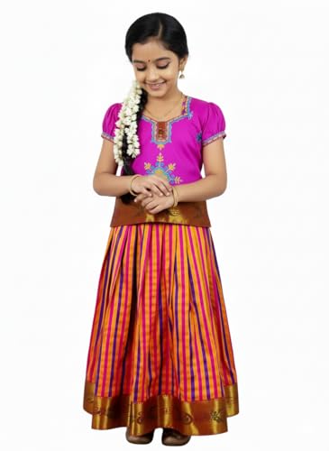 Image of Girls Traditional Silk Pavadai Sattai Lehenga Choli with Waist Belt | Ethnic Festival Wear for Girls, Perfect for Weddings, Pongal, Religious & Special Occasions
