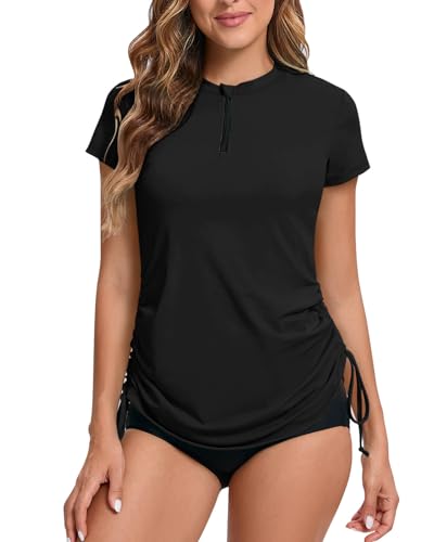 Rash Vest Women Short Sleeve Rash Guard 1/4 Zip Front Ladies Swim Top Quick Dry UV Swimming Shirts Adjustable Hem UPF 50+ Black 14