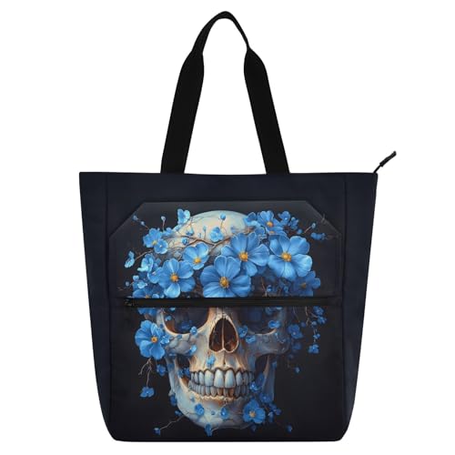 Skull Blue Flowers Tote Bag for Book Lovers Reusable Bags with Zipper Pocket for School Work Shopping