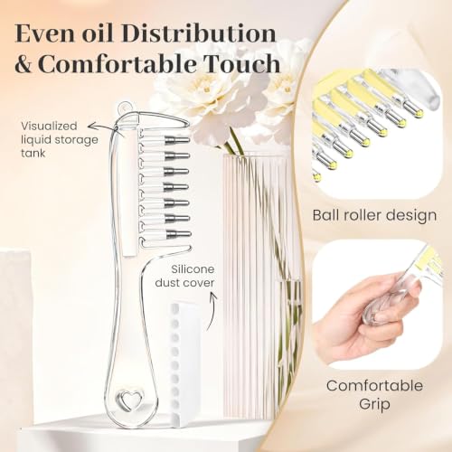 Image of AVNISH Hair Oil Applicator Comb, Clear Refillable Oil, Serum Liquid Dispenser & Scalp Massager with Roller Ball Tips Storage Base, Even Oil Distribution Tool for All Hair Root Types & Growth Routine