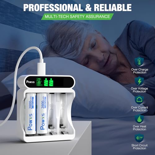 POWXS Batterie Ladegerät für NI-MH NI-CD AA AAA Akkus, 4 Ladeplatz Akku Ladegerät mit Großer LCD Anzeige, Universal Schnell Akkuladegerät Micro USB & Typ-C Eingang Sichere AA AAA Batterie Ladegerät