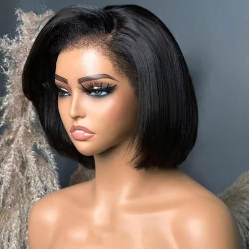 oulaer Kinky Straight Bob Wigs Human Hair 13x4 HD Lace Front Bob Wigs With New Trend Younger Kinky Edges 180 Density Side Part Brazilian Virgin Hair Pre Plucked Glueless Yaki Wig For Women 16Inch