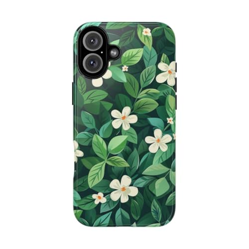 Coque iPhone 16 Plus rigide fleurs blanches motif feuilles vertes
