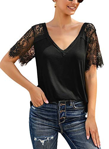Utyful Women's Summer Lace Short Sleeve Scalloped V Neck T-Shirt Casual Blouse Tunic Tops Black Medium #TOP2