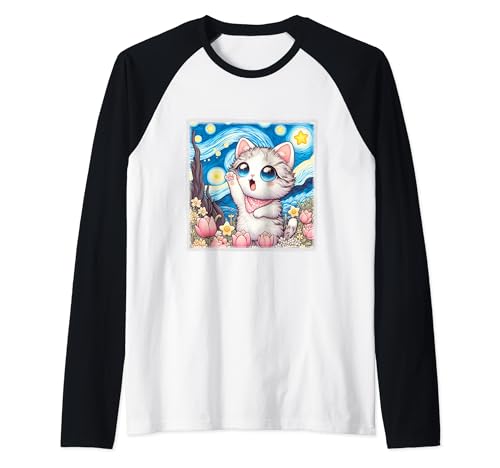 Sternennacht Kawaii Katze Van Gogh Garten Rosen Tulpen Lilien Raglan