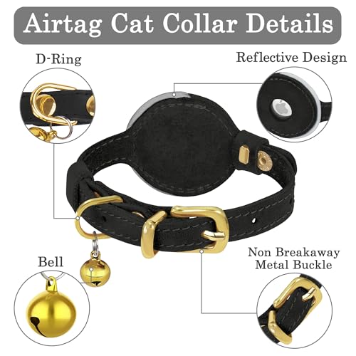 OOPSDOGGY Reflective Leather AirTag Cat Collar with Bell - Non Breakaway Adjustable Pet Collar with Apple Air Tag Holder - Lightweight GPS Kitten Collars for Small Dogs Puppy (Black) - Thumbnail 5