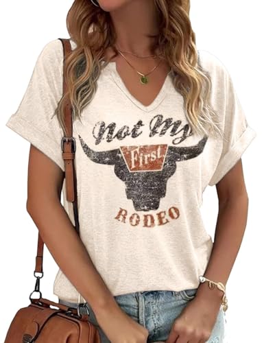 Summer Sexy V-Neck Vintage Western Rodeo Cowboy Steer Skull Shirt for Women Casual Boho Cowgirl Boots Graphic Tees