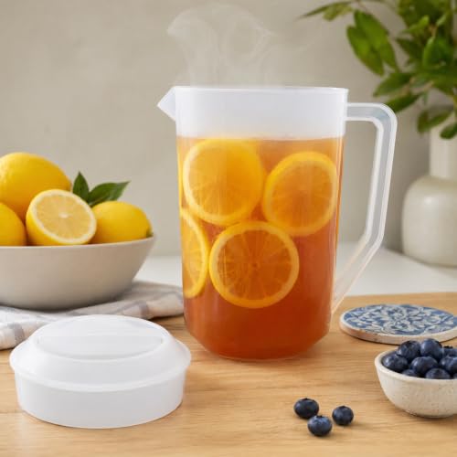 Image of 1 Gallon /4L Large Plastic Straining Pitcher,Clear Round Plastic Water Pitcher with Lids,Juice Mixing Pitcher with Handle for Hot /Cold Lemonade,Ice Tea