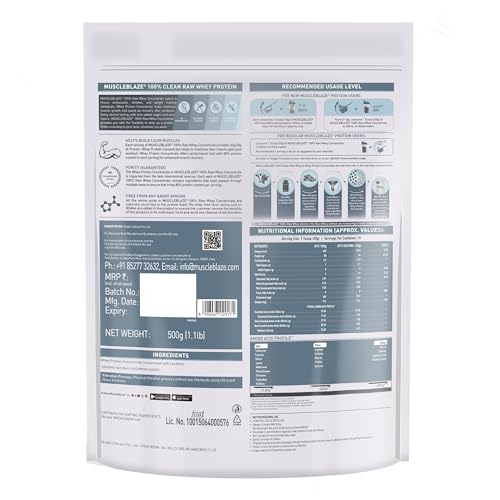 Image of MuscleBlaze 100% Clean Raw Whey Protein Concentrate (Unflavoured, 500g) | 24g Protein per Scoop | Easy to Digest