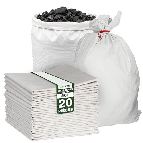 ToolSpace Sac à Gravats PP Tissé, 65×105 cm en Polypropylène 20x Sac Chantier pour Gravier Sable Feuilles Déchets de Construction Jardin - Réutilisable -...