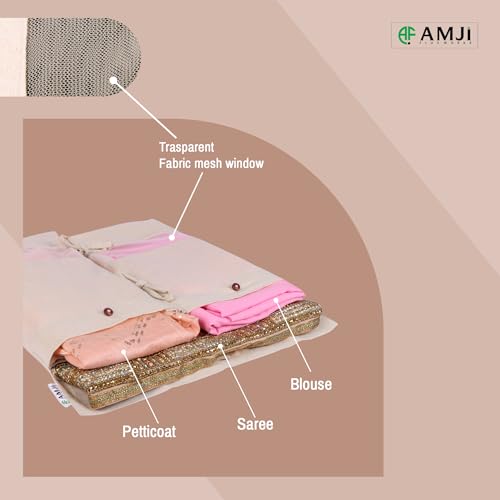Image of Pure Cotton Fabric Saree Storage Bags | Set of 6, Big Size (17x13 Inches) | Transparent Mesh Window | Button Closure | Off-White Saree Covers | Blouse & Petticoat Organizer for Women