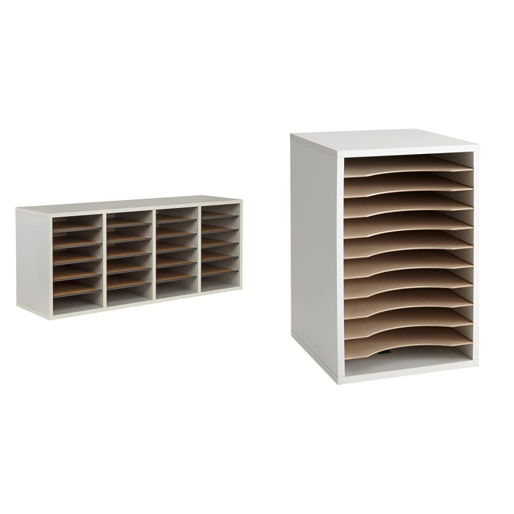 Safco Products Wood Adjustable Literature Organizer, 24 Compartment, 9423GR, Gray, Durable Construction, Removable Shelves, Stackable,16.4"x39.4"x11.8" & Products Vertical Desktop Sorter