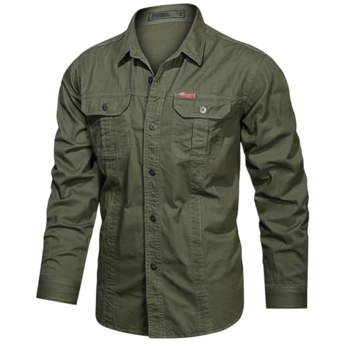 Camisas Hombre Manga Larga Ropa Militar de Algodón con Botones Sobrecamisa al Aire Libre Cargo Shirts Protección UV para Pesca, Tala, Montañismo, Caza，ArmyVerde1388，XL