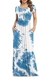 VIISHOW Women's Short Sleeve Floral Dress Loose Plain Maxi Dresses Casual Long Dresses with Pockets, Tie Dye Blue, XX-Large