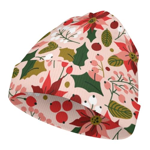 Blooming Red Christmas Flower Poinsettia Pattern Kids Beanie Hat for for Girls Boys Children Cap Winter Knitted Chemo Cancer Headwear Accessories Gifts Decoration