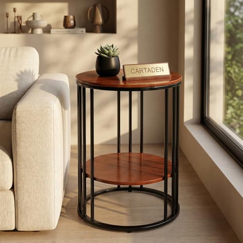 Image of CARTADEN Side Table, Small Round End Table with Lower Shelf, Nightstand for Small Spaces, Bedside Coffee Table for Living Room, Bedroom Black Brown